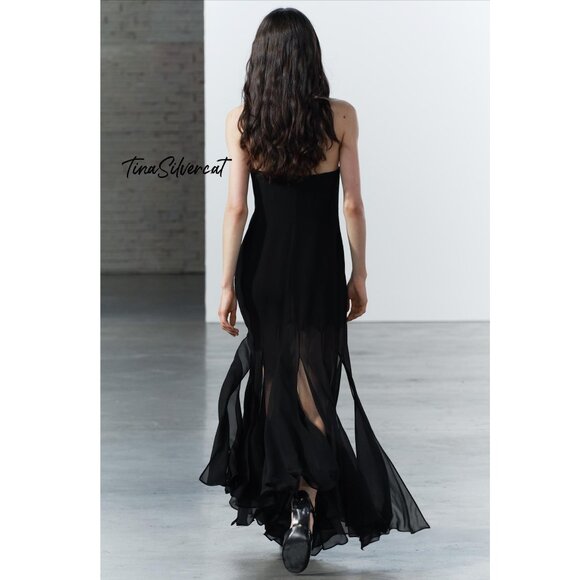 BLOGGER'S FAVE! Zara Semi Sheer Strapless Midi Dress Black NWT - Picture 5 of 14